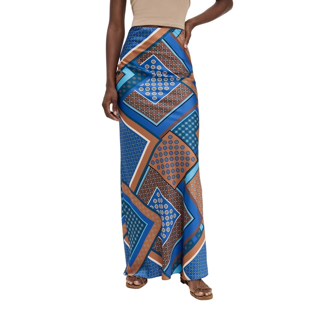 MISA (S) NWT Sierra Tile Patchwork Satin Midi Skirt Blue Brown Resort Boho Chic